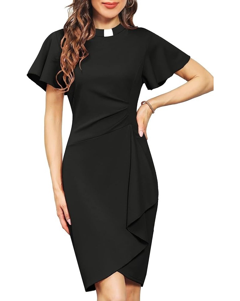 Womens Church Clergy Mass Dress Flare Sleeve Waist Pleated Flower Bud Pencil Dress with Tab Collar Black $17.85 Dresses