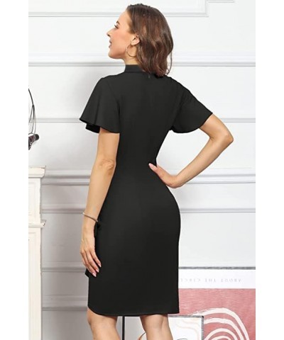 Womens Church Clergy Mass Dress Flare Sleeve Waist Pleated Flower Bud Pencil Dress with Tab Collar Black $17.85 Dresses