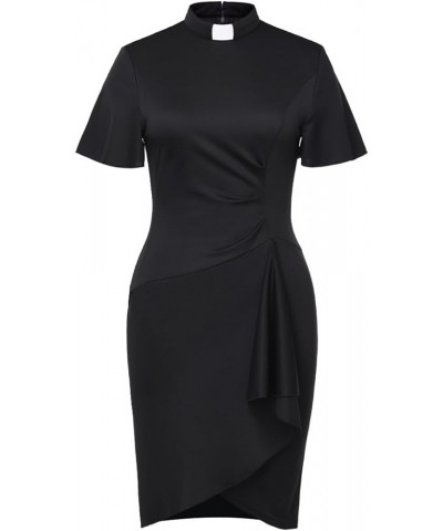 Womens Church Clergy Mass Dress Flare Sleeve Waist Pleated Flower Bud Pencil Dress with Tab Collar Black $17.85 Dresses