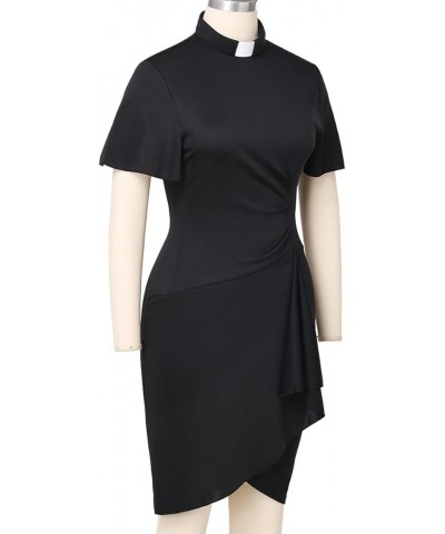 Womens Church Clergy Mass Dress Flare Sleeve Waist Pleated Flower Bud Pencil Dress with Tab Collar Black $17.85 Dresses