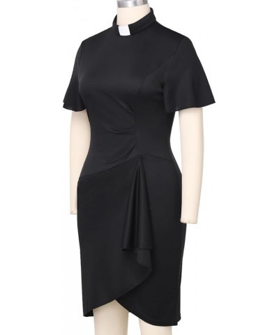 Womens Church Clergy Mass Dress Flare Sleeve Waist Pleated Flower Bud Pencil Dress with Tab Collar Black $17.85 Dresses