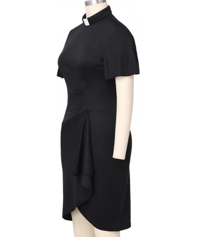 Womens Church Clergy Mass Dress Flare Sleeve Waist Pleated Flower Bud Pencil Dress with Tab Collar Black $17.85 Dresses