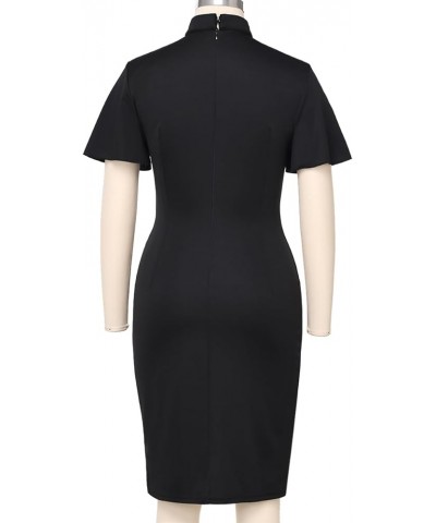 Womens Church Clergy Mass Dress Flare Sleeve Waist Pleated Flower Bud Pencil Dress with Tab Collar Black $17.85 Dresses