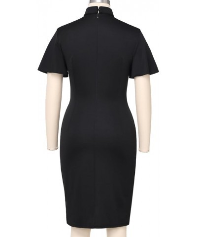 Womens Church Clergy Mass Dress Flare Sleeve Waist Pleated Flower Bud Pencil Dress with Tab Collar Black $17.85 Dresses