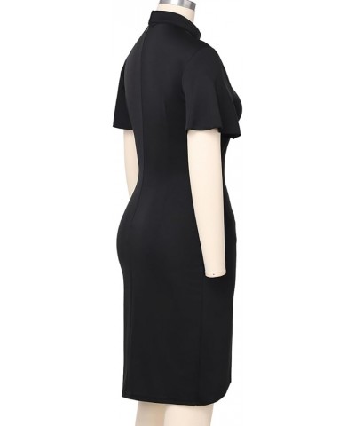 Womens Church Clergy Mass Dress Flare Sleeve Waist Pleated Flower Bud Pencil Dress with Tab Collar Black $17.85 Dresses