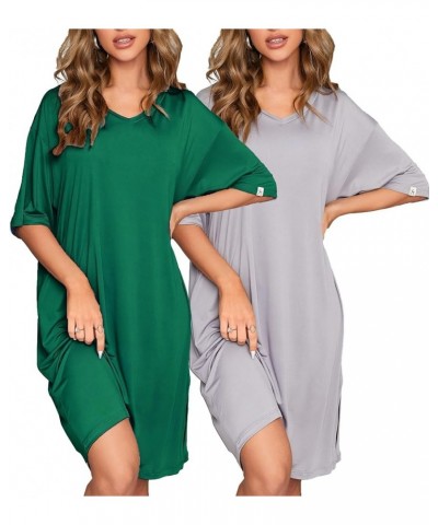 2-Pack Women's Nightgowns Short Sleeve Nightshirt V Neck Soft Sleepwear Casual Sleepshirts Loose Pajama Dress Green+light Gre...