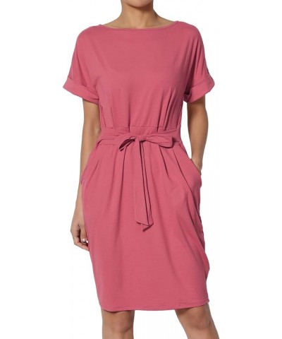 Women's Tie Waist Short Sleeve Stretchy DTY Pocket Shift Dress Casual to Office Rose $12.88 Dresses