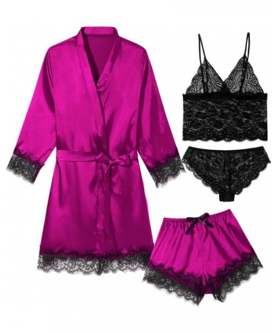 Womens Lingeries Silk Pajamas Robes Set 4Pcs Sexy Pjs Cami Shorts Satin Sleepwear Lace Loungewear Rose Red $14.74 Sleep & Lounge