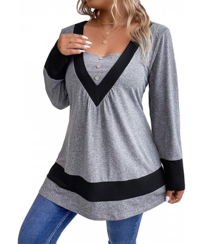 Women's Plus Size T Shirt Contrast Panel Square Neck Button Long Sleeve Tee Tops Light Grey $12.30 T-Shirts