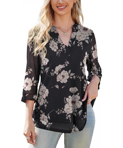 Women's 3/4 Sleeve Blouses Casual V Neck Dress Shirts Double Layers Mesh Floral Print Tunics Tops B-color 363 $17.09 Tops