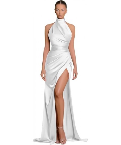 2023 Women's Halter Mermaid Prom Dresses with Slit Long Ruched Satin Bridesmaid Wedding Guests Dresses. White $32.99 Dresses