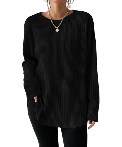 Women's Drop Shoulder Long Sleeve Loose T Shirt Top Ribbed Knit Sweater Black $18.23 Sweaters