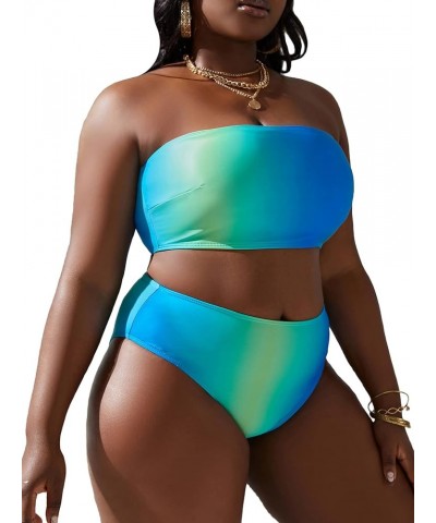 Women's Plus Size 2 Piece Bathing Suits Textured Bandeau High Waisted Bikini Swimsuit Blue Multi $13.12 Swimsuits