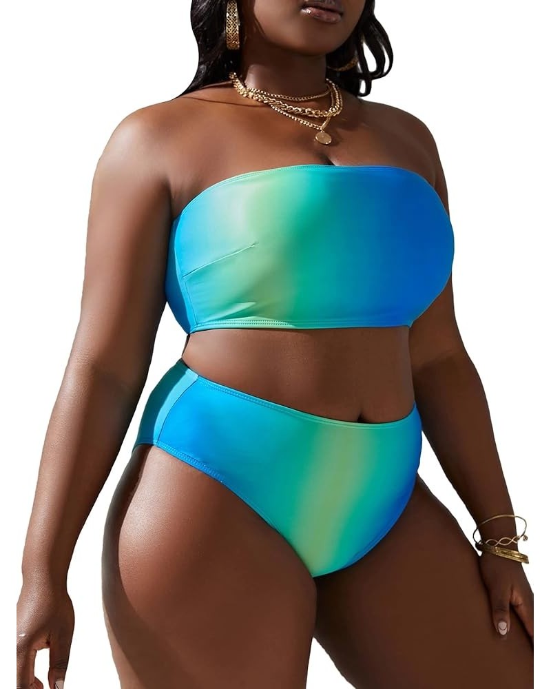 Women's Plus Size 2 Piece Bathing Suits Textured Bandeau High Waisted Bikini Swimsuit Blue Multi $13.12 Swimsuits