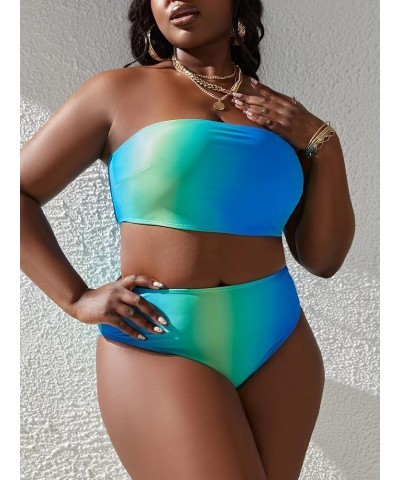 Women's Plus Size 2 Piece Bathing Suits Textured Bandeau High Waisted Bikini Swimsuit Blue Multi $13.12 Swimsuits