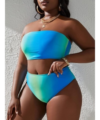 Women's Plus Size 2 Piece Bathing Suits Textured Bandeau High Waisted Bikini Swimsuit Blue Multi $13.12 Swimsuits