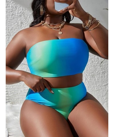 Women's Plus Size 2 Piece Bathing Suits Textured Bandeau High Waisted Bikini Swimsuit Blue Multi $13.12 Swimsuits