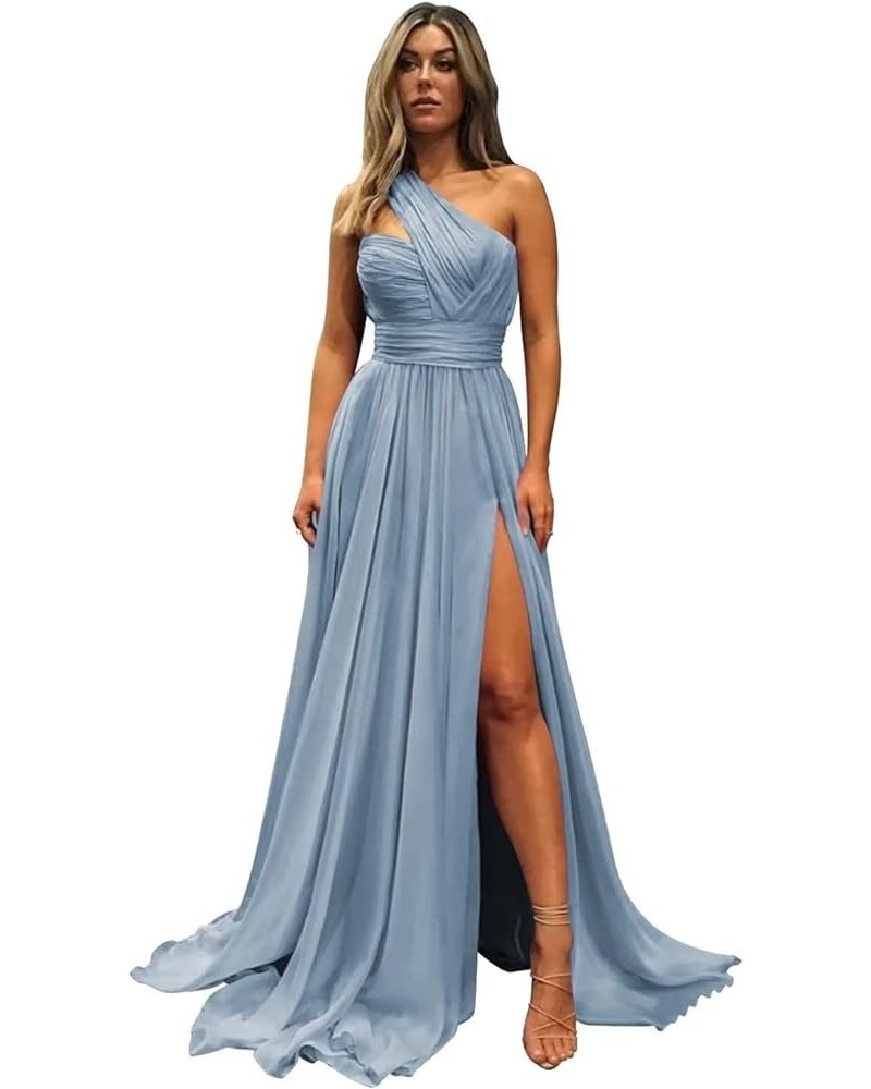 Women's One Shoulder Bridesmaid Dresses for Wedding Slit Pleated Chiffon Formal Evening Gowns with Pockets. Dusty Blue $30.79...