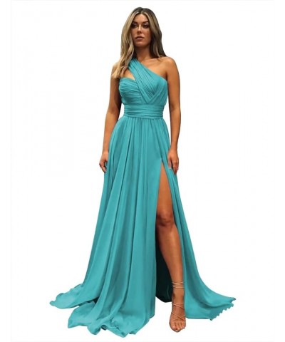 Women's One Shoulder Bridesmaid Dresses for Wedding Slit Pleated Chiffon Formal Evening Gowns with Pockets. Dusty Blue $30.79...