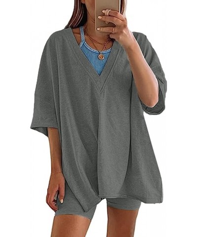 Women's Workout 2 Piece Outfit Oversized V Neck T Shirt Biker Shorts Reversible Sets Sports Tracksuit Gray $7.50 Activewear