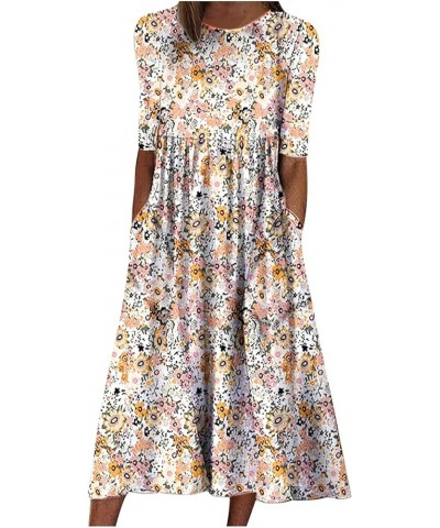 Tshirt Dress for Women 2024 Casual Plus Size Summer Midi Dress Boho Floral Print Loose Flowy Long Dresses with Pockets 06 Whi...