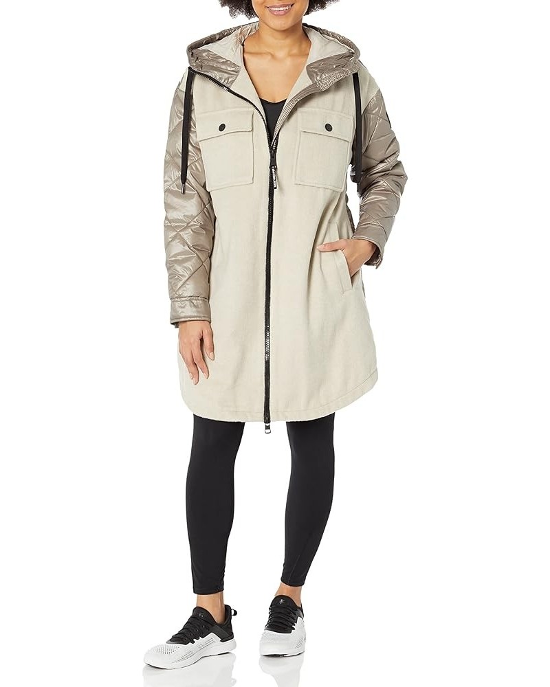 Women's Faux Wool Mix Coat with Quilted Back and Sleeves Zip Front Hooded Jacket Khaki $61.61 Jackets