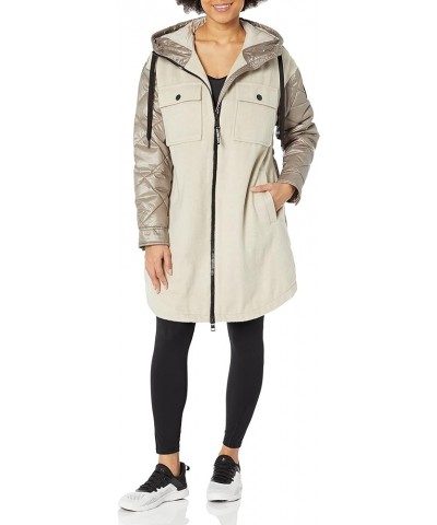 Women's Faux Wool Mix Coat with Quilted Back and Sleeves Zip Front Hooded Jacket Khaki $61.61 Jackets