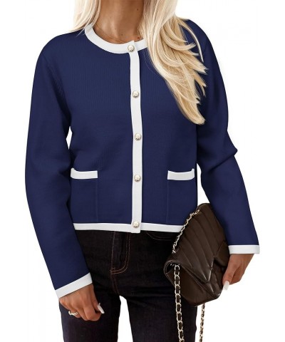 Women's Knit Cardigan Sweaters 2024 Fall Fashion Long Sleeve Button Down Shirts Tops Blouse Navy $21.60 Sweaters