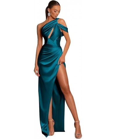 Women's One Shoulder Prom Dresses with Slit Ruched Satin Mermaid Evening Formal Gowns Peacock $30.55 Dresses