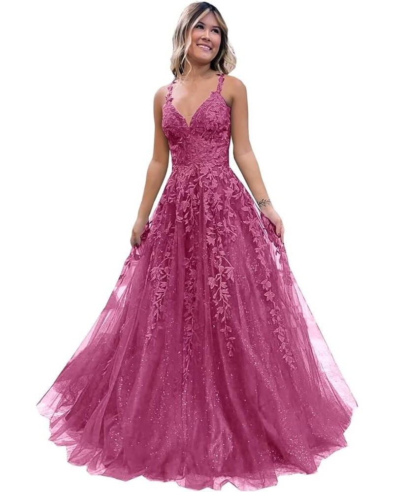 Tulle Lace Appliques Sparkly Prom Dresses A Line with Slit V Neck Formal Party Gowns 2024 Fuchsia $35.25 Dresses