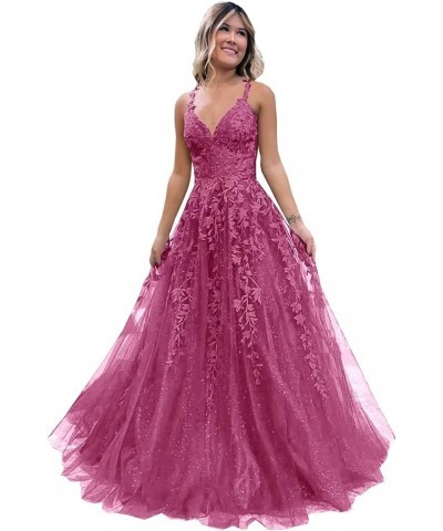 Tulle Lace Appliques Sparkly Prom Dresses A Line with Slit V Neck Formal Party Gowns 2024 Fuchsia $35.25 Dresses