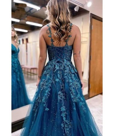 Tulle Lace Appliques Sparkly Prom Dresses A Line with Slit V Neck Formal Party Gowns 2024 Fuchsia $35.25 Dresses