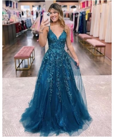 Tulle Lace Appliques Sparkly Prom Dresses A Line with Slit V Neck Formal Party Gowns 2024 Fuchsia $35.25 Dresses