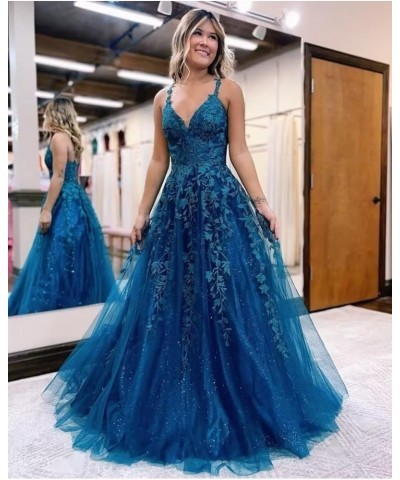 Tulle Lace Appliques Sparkly Prom Dresses A Line with Slit V Neck Formal Party Gowns 2024 Fuchsia $35.25 Dresses