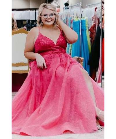 Tulle Lace Appliques Sparkly Prom Dresses A Line with Slit V Neck Formal Party Gowns 2024 Fuchsia $35.25 Dresses