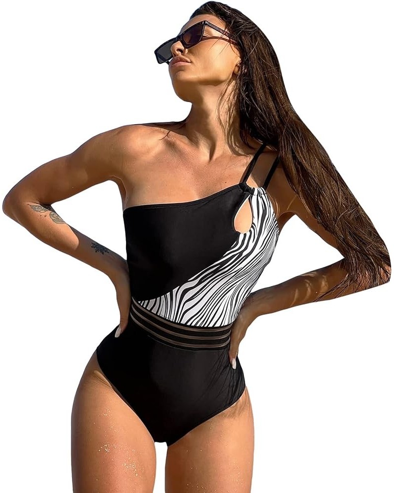 Women's Color Block One Shoulder Mesh Insert One Piece Swimsuit Bathing Suit Black Zebra $21.27 Swimsuits