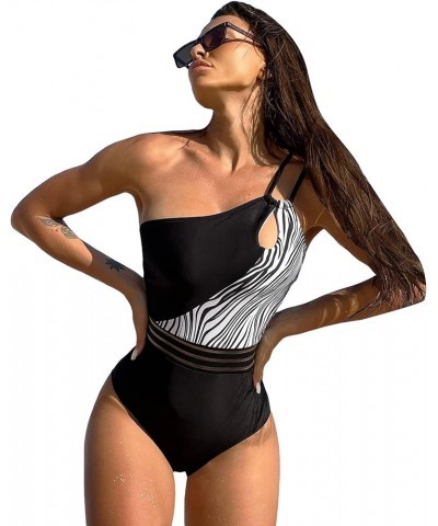 Women's Color Block One Shoulder Mesh Insert One Piece Swimsuit Bathing Suit Black Zebra $21.27 Swimsuits