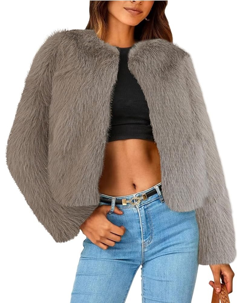 Women's Cropped Faux Fur Jacket Winter Fashion Long Sleeve Open Front Cardigan Fluffy Shaggy Warm Short Coat Khaki $24.50 Coats