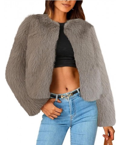 Women's Cropped Faux Fur Jacket Winter Fashion Long Sleeve Open Front Cardigan Fluffy Shaggy Warm Short Coat Khaki $24.50 Coats