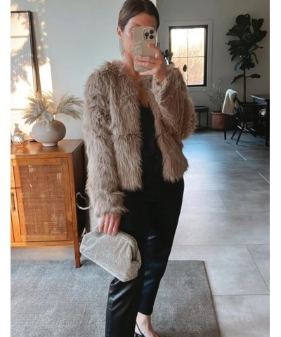 Women's Cropped Faux Fur Jacket Winter Fashion Long Sleeve Open Front Cardigan Fluffy Shaggy Warm Short Coat Khaki $24.50 Coats