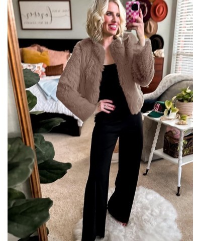 Women's Cropped Faux Fur Jacket Winter Fashion Long Sleeve Open Front Cardigan Fluffy Shaggy Warm Short Coat Khaki $24.50 Coats