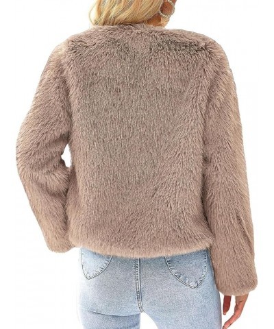 Women's Cropped Faux Fur Jacket Winter Fashion Long Sleeve Open Front Cardigan Fluffy Shaggy Warm Short Coat Khaki $24.50 Coats