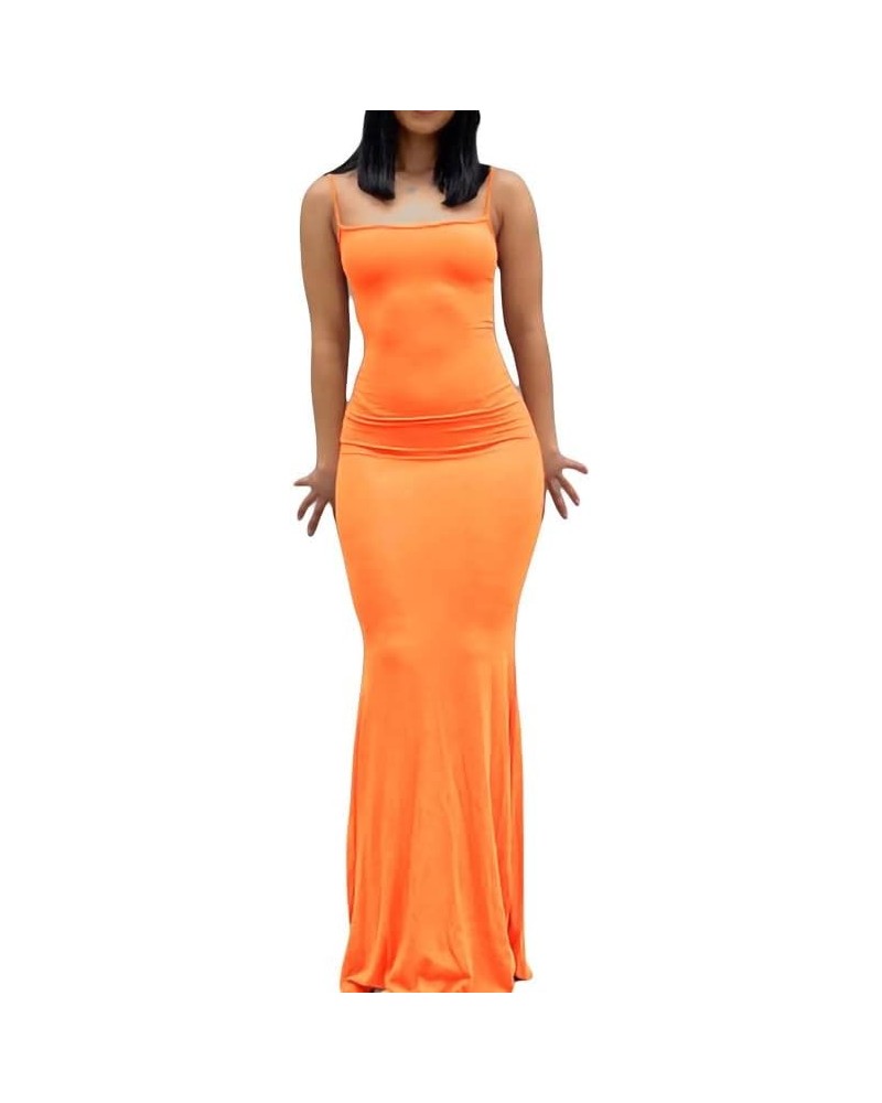 Women's Hollow Out Sexy Maxi Dress Spaghetti Straps Bodycon Y2K Long Dress Casual Summer E-Girl Party Clubwear Solid Orange $...