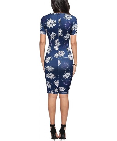 Women Prints Church Business Work Party Elegant Bodycon Floral Dress White Flower and Blue $7.53 Dresses