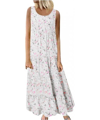 Women's Summer 2024 Casual Sleeveless Crewneck Tank Dress Swing Sundress Flowy Tiered Maxi Beach Floral Print Dresses White $...