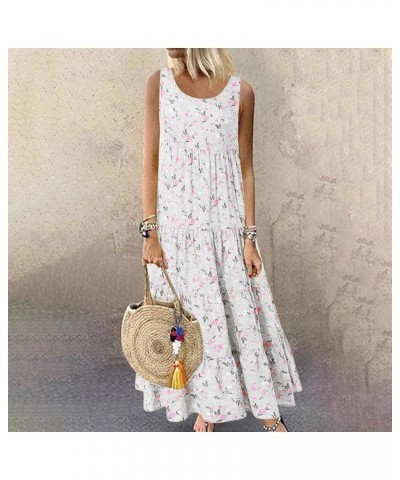 Women's Summer 2024 Casual Sleeveless Crewneck Tank Dress Swing Sundress Flowy Tiered Maxi Beach Floral Print Dresses White $...