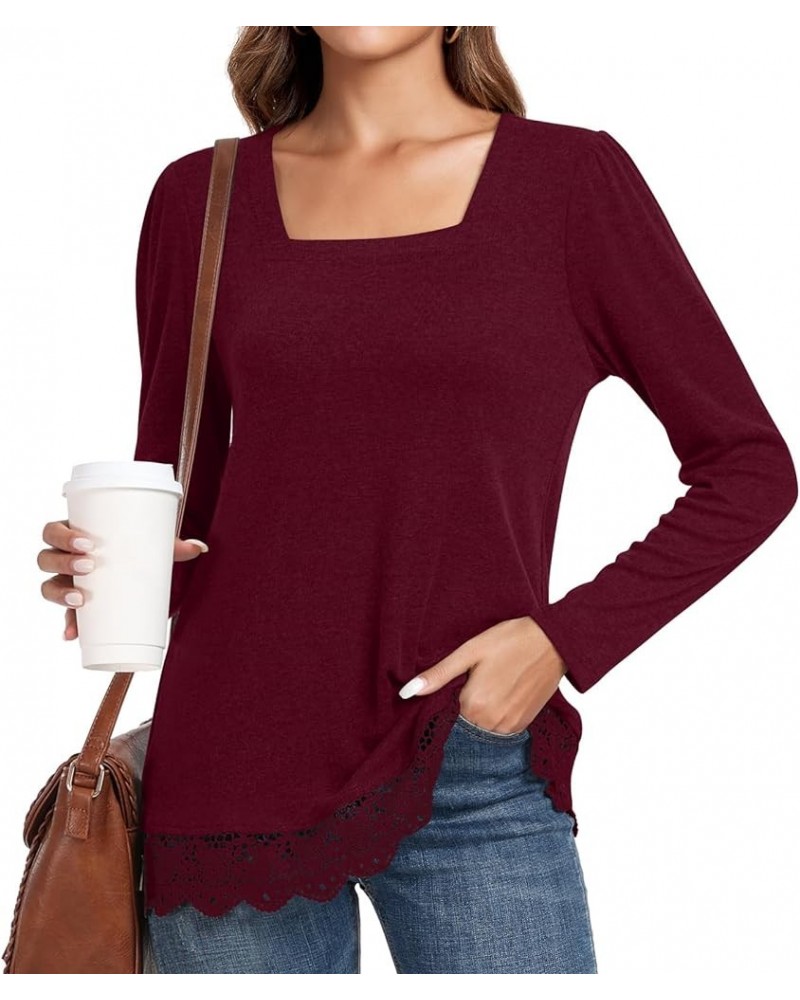 Women's Casual Long Sleeve Square-Neck Tunic Tops Fall Winter Blouse with Lace Hem Square-wine Red $12.00 Tops