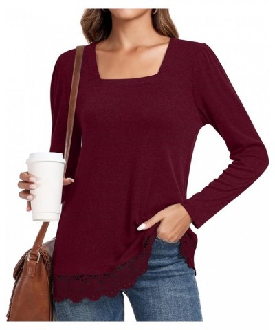 Women's Casual Long Sleeve Square-Neck Tunic Tops Fall Winter Blouse with Lace Hem Square-wine Red $12.00 Tops