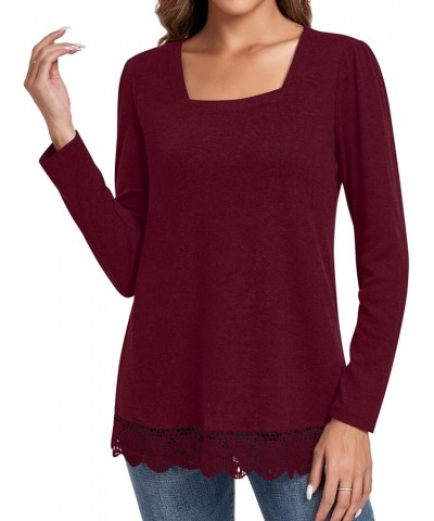 Women's Casual Long Sleeve Square-Neck Tunic Tops Fall Winter Blouse with Lace Hem Square-wine Red $12.00 Tops