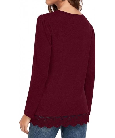 Women's Casual Long Sleeve Square-Neck Tunic Tops Fall Winter Blouse with Lace Hem Square-wine Red $12.00 Tops